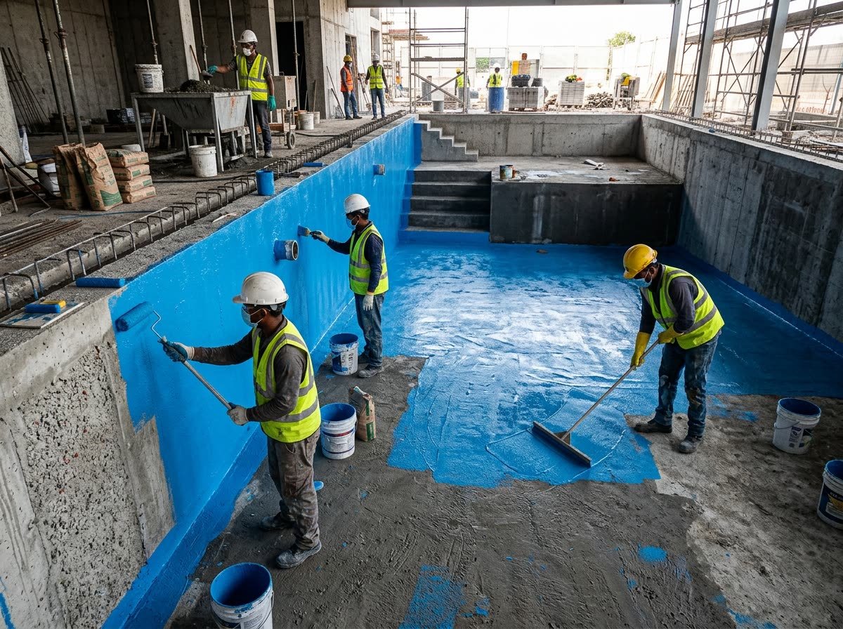 Construction crew applying blue waterproof cementitious lining on concrete swimming pool in Chandigarh